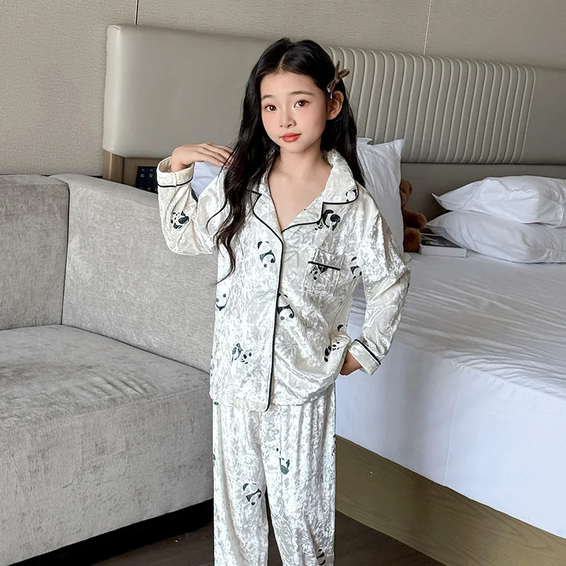 

Baby Girls PJ Top+Bottom Sleepwear Sets Kids Panda Pajamas Suit Child Long Sleeves+Long Pants Set Princess Nightgowns Size 3-14Y