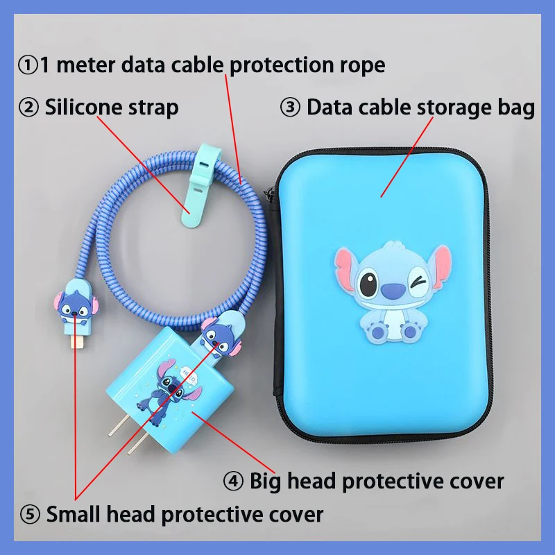 Disney Stitch Data Cable Protective Cover Storage Bag Cartoon Figures 1m Usb Line Winder Iphone 20w Charger Head Protection Case