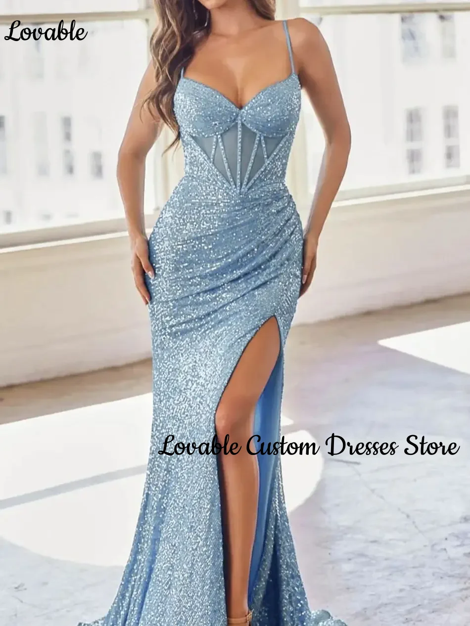 Customized فساتين سهرة 2025 Mermaid Sweetheart Sweep Train Dresses For Prom Ruffle Sequins Lace Up Sleeveless Lining Evening Dre