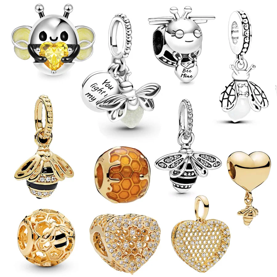 Hot Sale Bee Embraces Heart Gem Charm Gold plated Bee Pendant Bead Fit Original 925 Sterling Silver Pan Bracelet DIY Jewelry