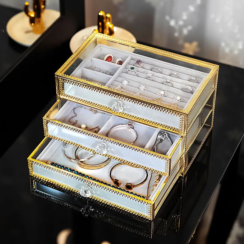 Copper Glass Jewelry Storage Box Multi-layer Earrings Ring Necklace European Style Dust-proof