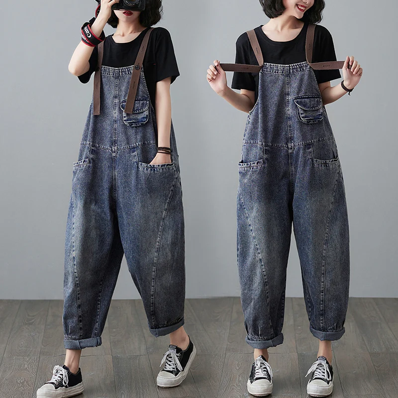 

Women Denim Strap Overalls Spring Korean Style Loose Jumpsuit Female Pocket Baggy Suspender Jeans Casual Street wear