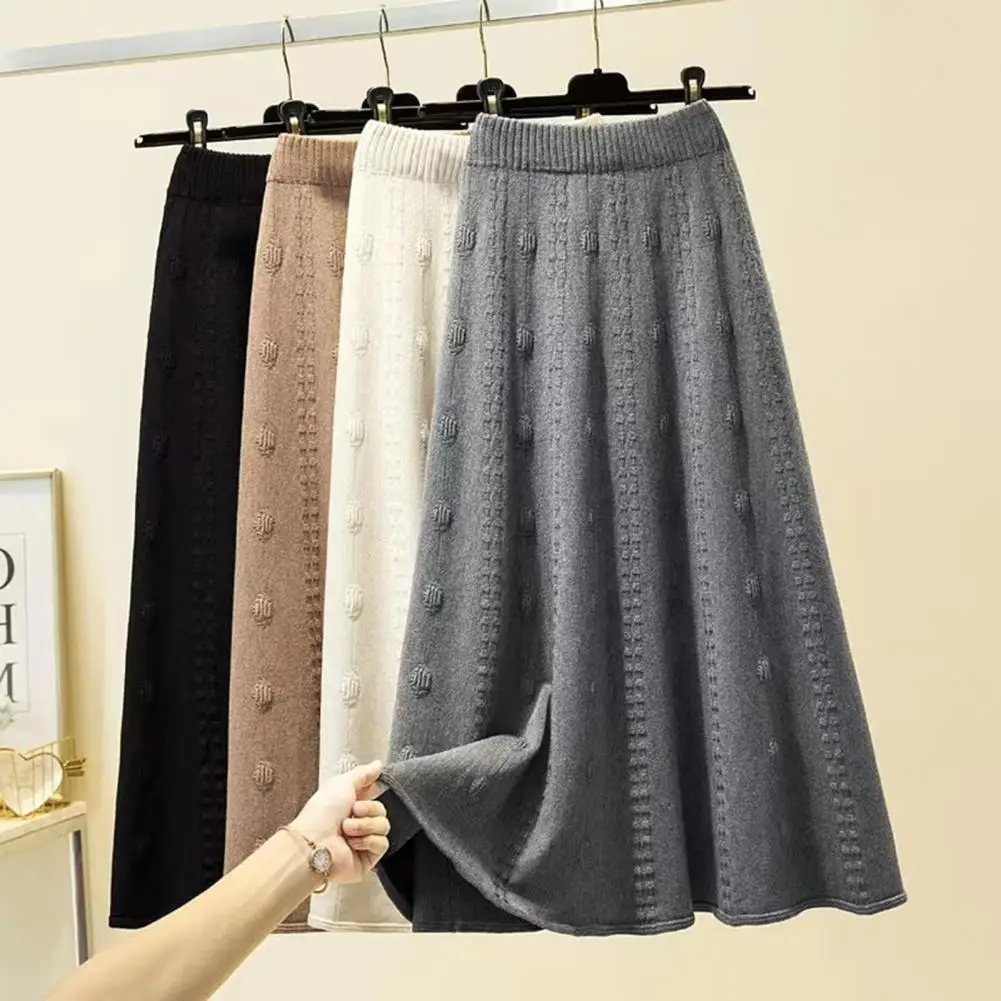 

Autumn and Winter Women Knitting Skirt Elastic High Waist A-Line Midi Skirt Solid Color Jacquard Texture Large Hem Skirt