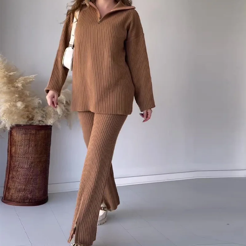 Women Pant Sets Two Piece Long Pants Solid Knit Splice Full Sleeve Zipper Thick Cardigan Sweaters Pullover Elegant Office Lady