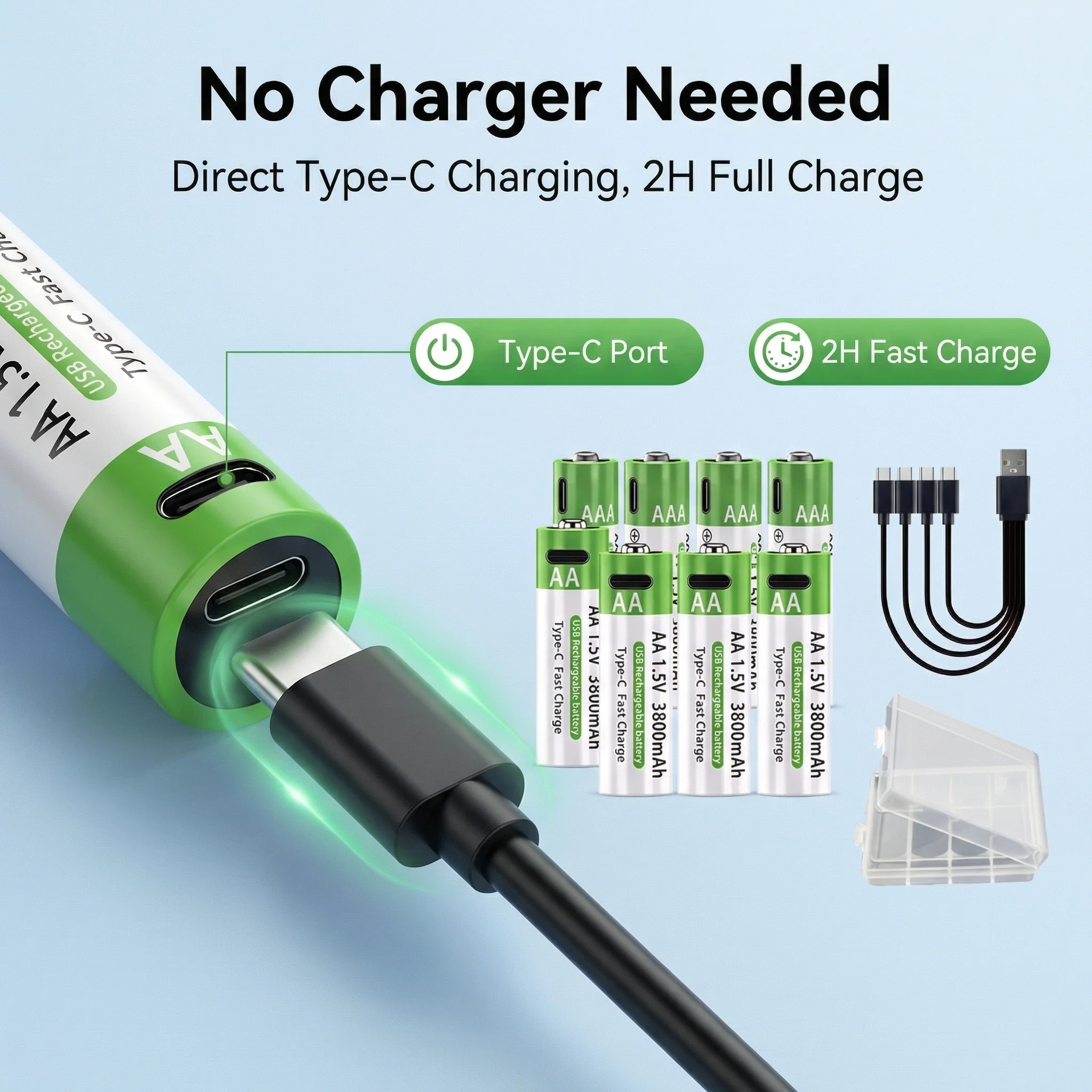 

Литий-ионные аккумуляторы с быстрой зарядкой 3800 мАч AA + 3000 мАч AAA, перезаряжаемые через Type-C, для пультов ДУ, мышей, игрушек