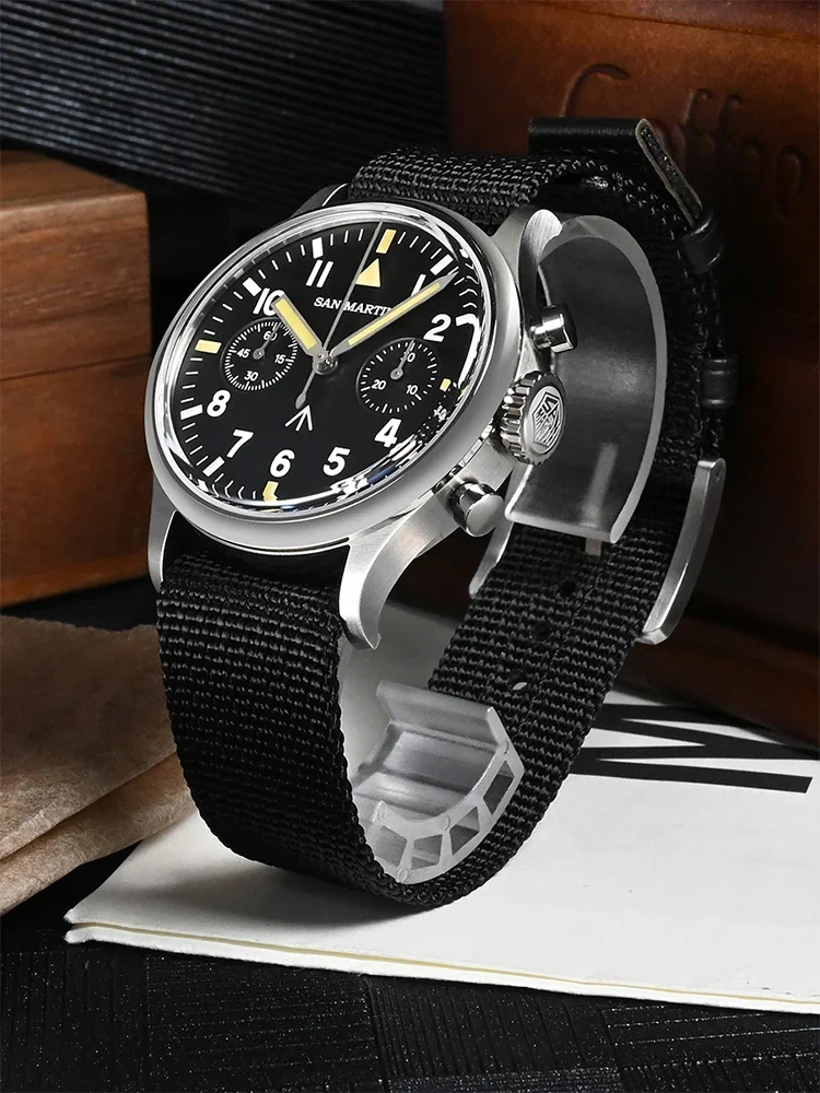 San Martin 38.5mm Mens Watch Chronograph Pilot Luxury ST1901 Manual Mechanical Simple Military Flieger Sapphire 100M Luminous