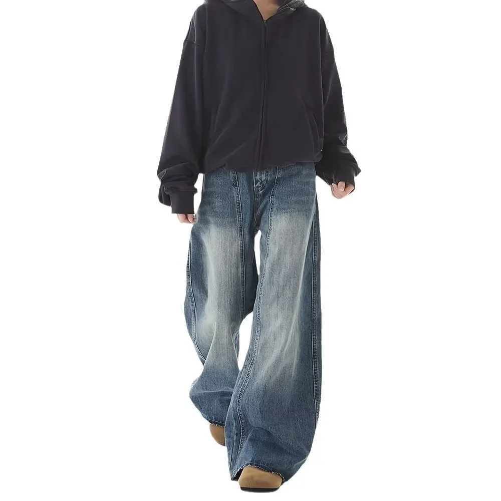 Men's New American-style Vintage Blue Wide-leg Jeans for Spring and Autumn, Slimming Straight-leg Casual Long Pants.