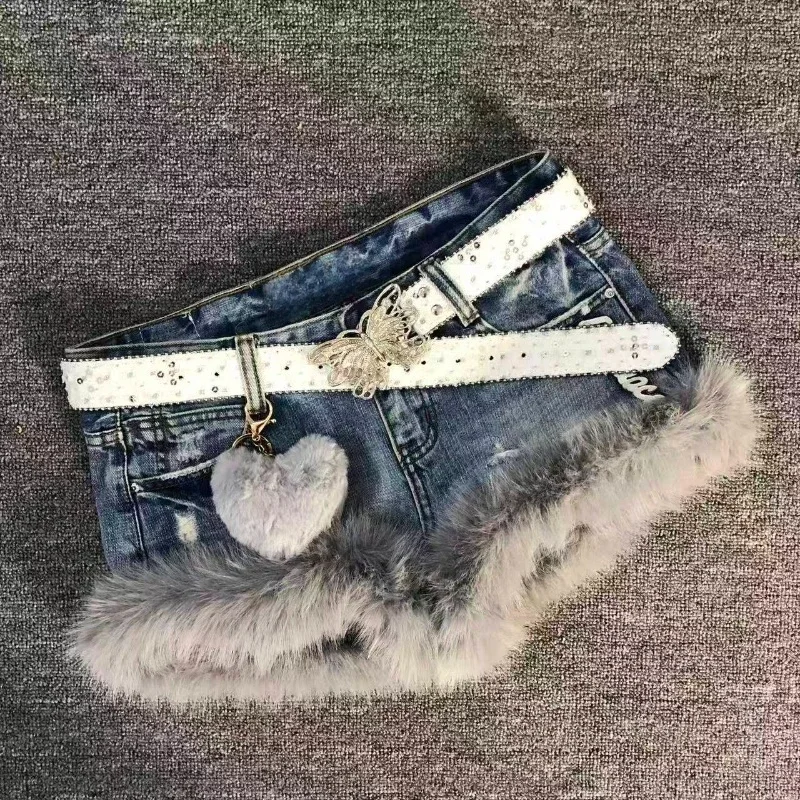 Womens Y2K Low Waist Furry Jean Mini Shorts American Vintage Punk Subculture Denim Shorts Stylish Club Streetwear Hot Outfits