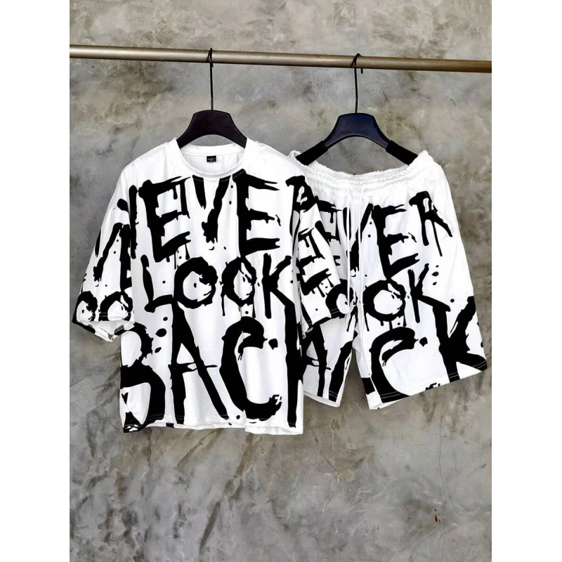 2025 Nwe Men's Youthful Street INS Black And White Color Block Oversized Letter Splash Ink Graffiti Digital Print Short Lo