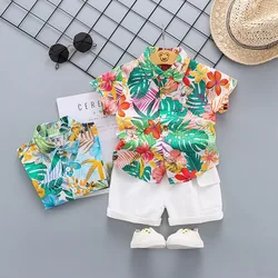 Conjunto de ropa de playa para niños pequeños, camisa de manga corta y pantalones cortos florales de algodón, traje Hawaiano de 2 piezas, Verano