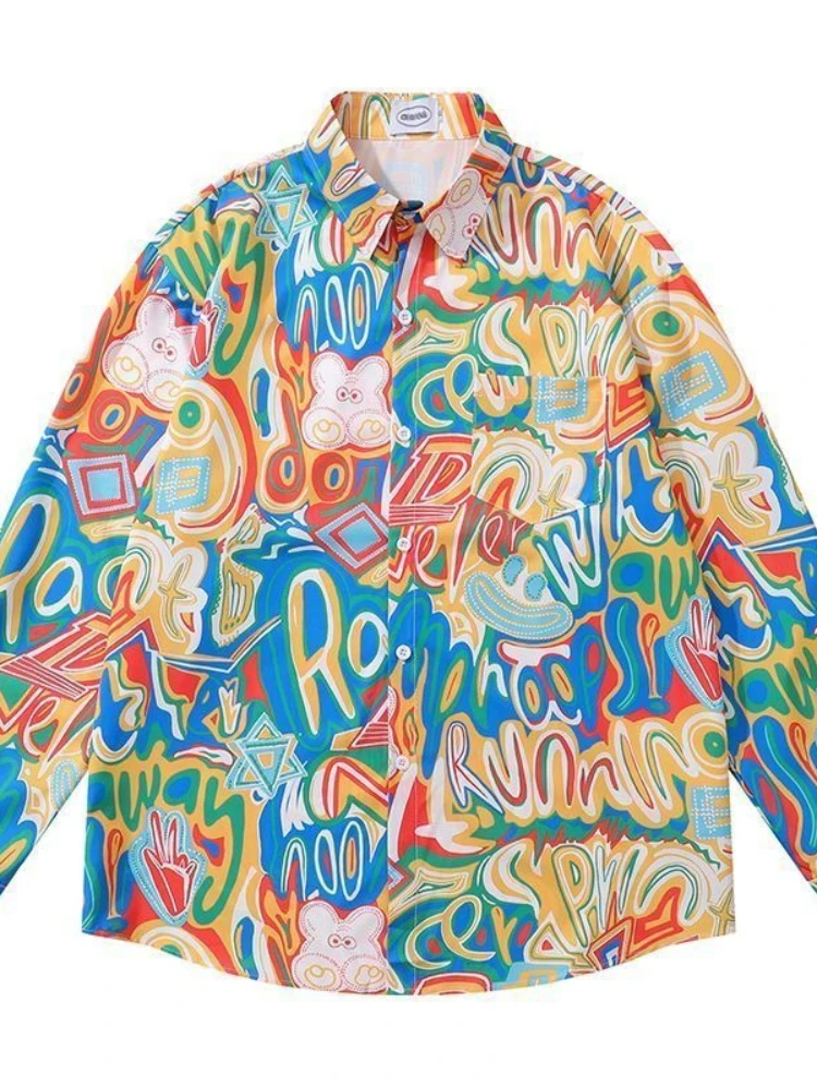 Colorful Abstract Art Print Button Up Shirt - Vibrant Cartoon Bear Graphic Long Sleeve Blouse for Trendy Street Style Large Size