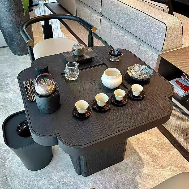 New Chinese tea table high-end small household solid wood tea table black stone surface small tea table