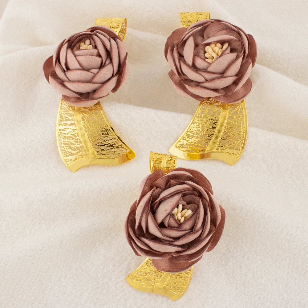 

2025 New High Quality Big Pink Flower Earrings Women Jewelry Set Dubai Gold Plated Luxury Ring For Party Wedding Daily Dating