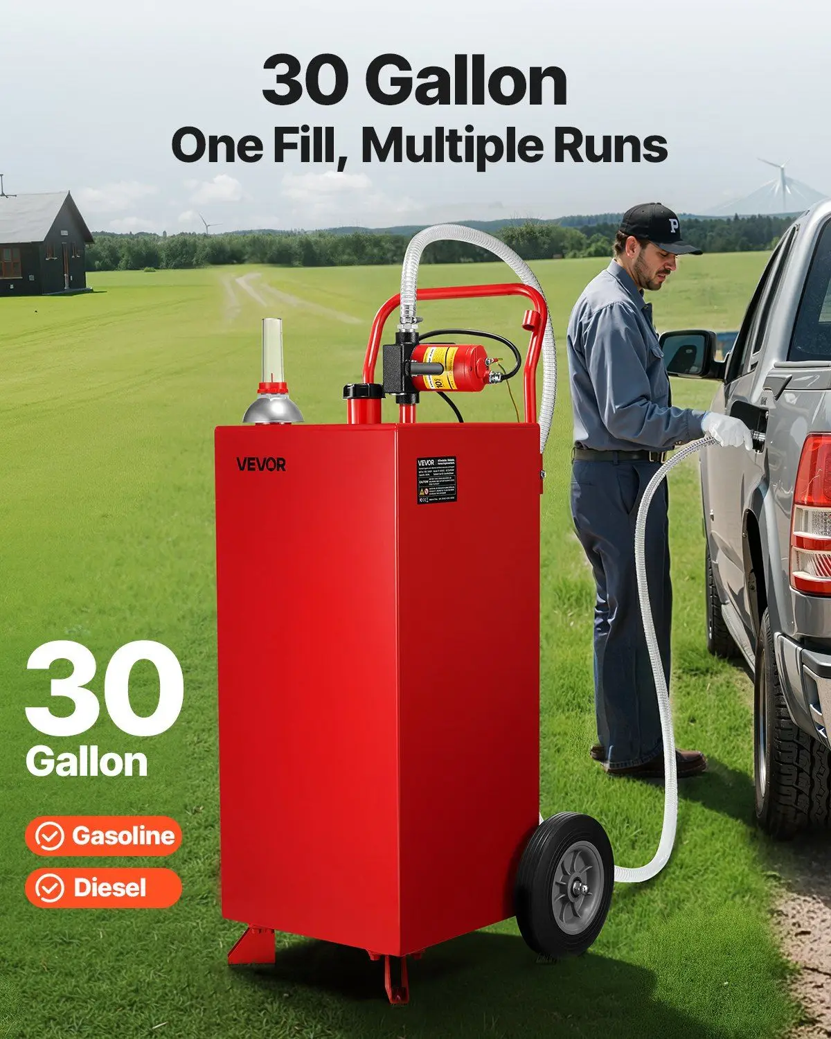 

30 Gallon Gas Caddy, Max Flow 32L/min, Diesel Tank with Electric Pump, Diesel Storage Tank with 2 Wheels & 10 ft Hose, Gas