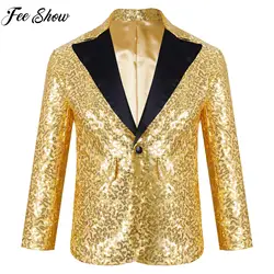 Veste à revers imbibée de paillettes dorées brillantes pour enfants, blazer formel, manteau de smoking, fête de banquet de mariage, fête de garçon, hip hop, 2023