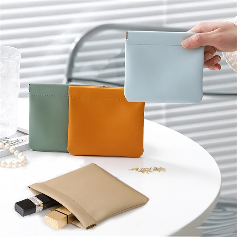 Leather Women Coin Purse Automatic Close Metal Shrapnel Mini Storage Bag Portable Lipstick Earbuds Card Key USB Solid Bag