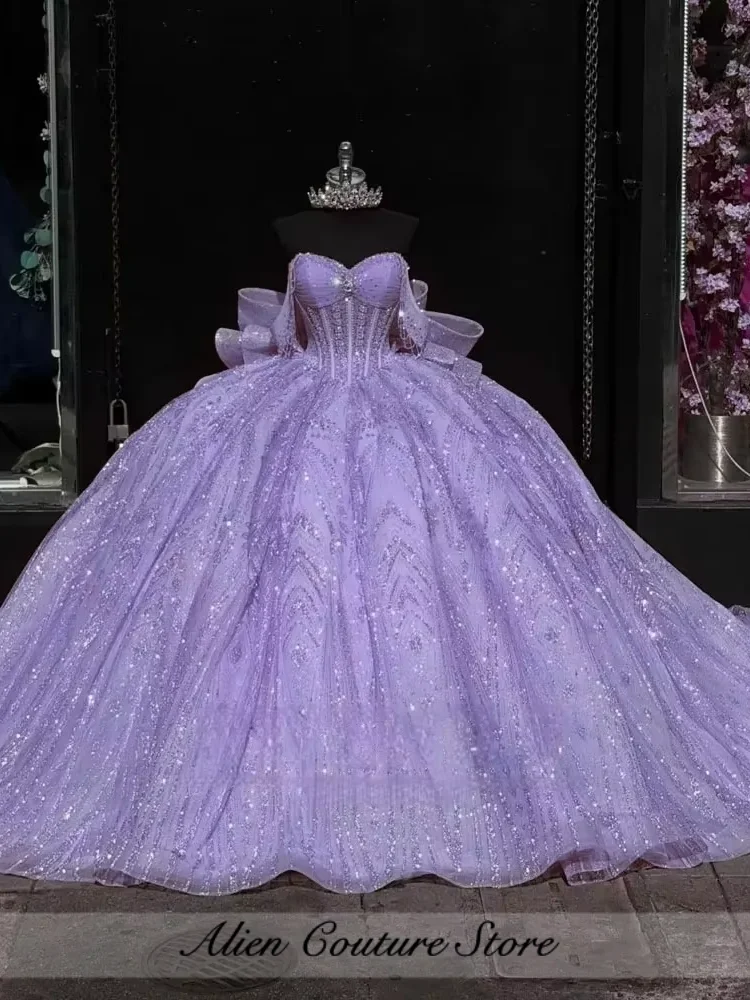 Shiny Pink Ball Gown Quinceanera Dresses Beading Crystal Diamonds Bow Corset Off Shoulder Sweet 16 Dress Customized image 4