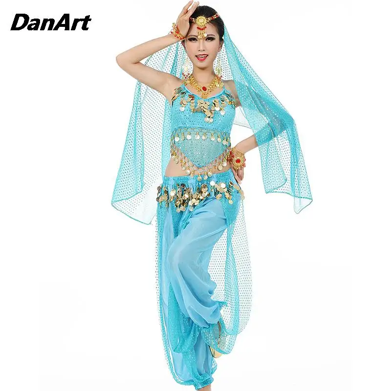 Women Belly Dance Performance Practice Clothing Lady/Girls Headdress+Highlights Top with Waist Chain+Pants Costume 3-piece Set