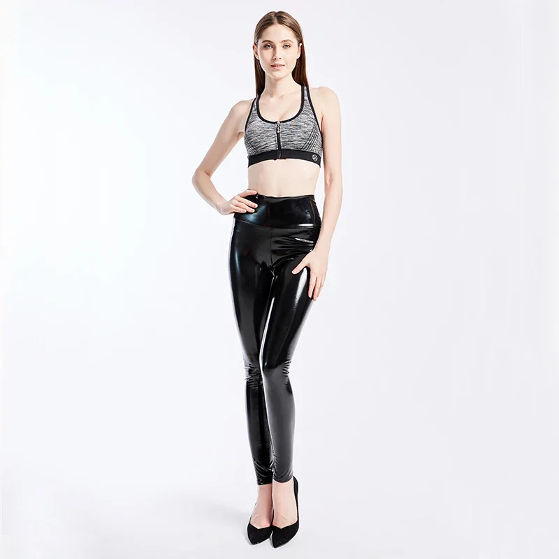 Women Black Leggings Sexy High Waist Elastic Pu Leather Skinny Pants Shiny Wet Look Metallic Latex Leggings Plus Size XXXL