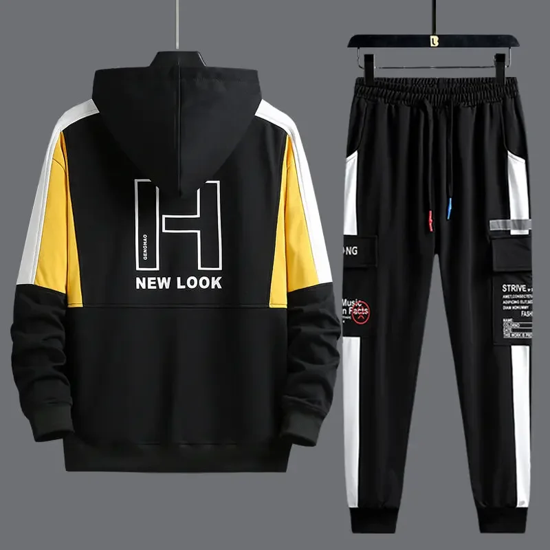 Spring Autumn Mens Two Piece Set Hooded Jacket and Sweatpants Men Tracksuit Hip Hop Style Outfit Set Trendy Sports Suit 2023 New