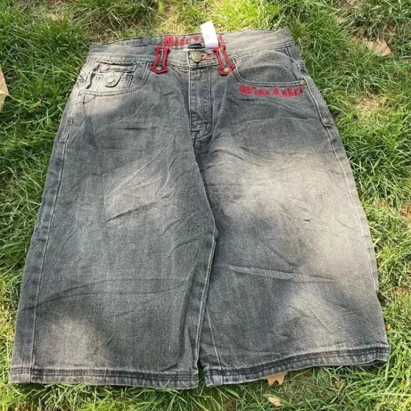 Y2K Street-Short en jean baggy pour homme, broderie à motif de crâne d'aile, mode américaine Harajuku, gothique, taille haute, fjgy court, nouveau