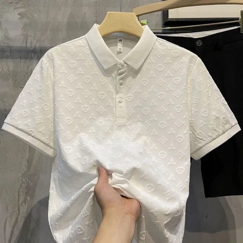 Summer New Men's Lop-up Hollow Short-sleeved Polo Tee Shirt Ice Silk Breathable Business Fashion T-Shirt Male Brand Clothes