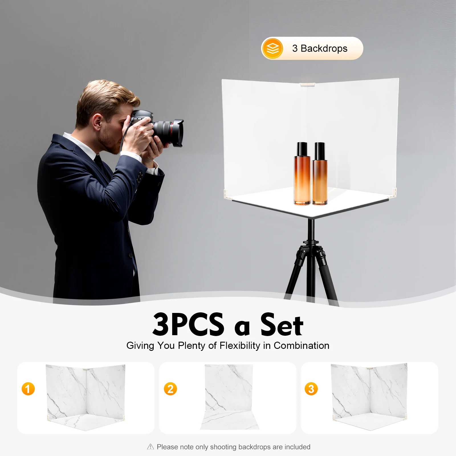 3 قطع من لوحة خلفية مزدوجة الجوانب، خلفية من الرخام والأبيض PVC مقاس 24 × 24 بوصة لتصوير المنتجات، تصوير مسطح للطعام