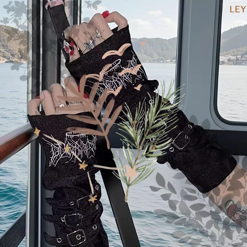 1Pair Black Gothic Fingerless Long Gloves: Embroidery Design Adjustable Buckles Halloween Cosplay Punk Party Streetwear