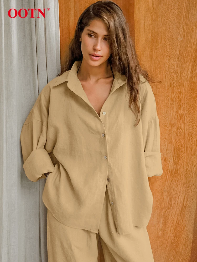 OOTN Fashion Khaki Linen Pants Sets 2 Pieces Women Autumn Solid Long Sleeve Loose Shirts Casual Cotton Straight Pants Suits 2024