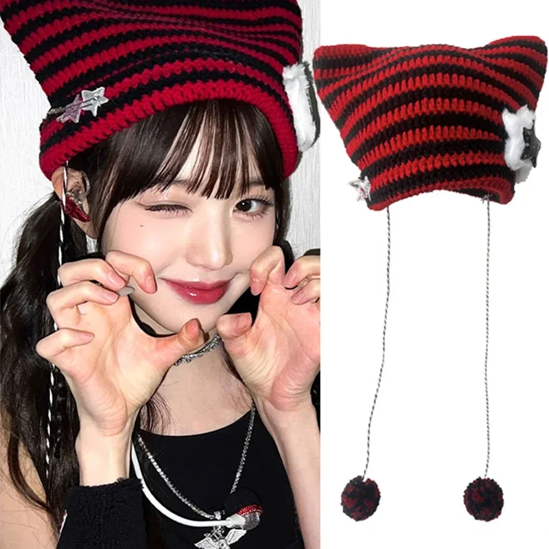 Y2K Cute Pentagram Knitted Hats for Women Korean Cat Ear Striped Knitted Beanies Autumn Winter Warm Woolen Plush Pullover Caps