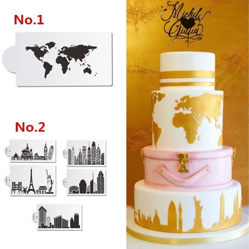 World Map and Landmark Building Cake Stencil Fondant Cake Decorating Stencil Molds