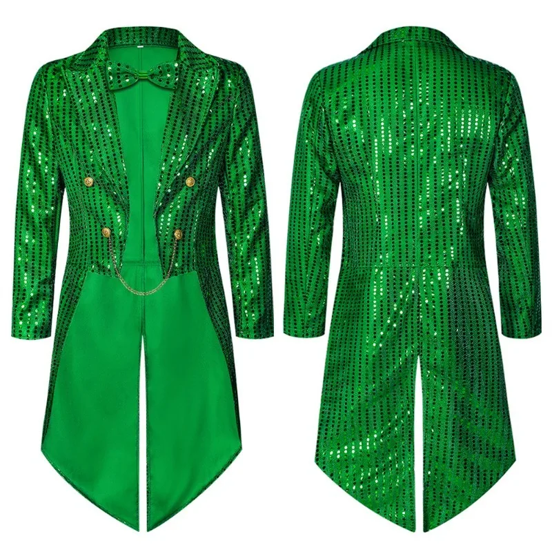

Ирландский зеленый блестящий смокинг для взрослых, мерцающий фрак с блестками, куртка для выступлений