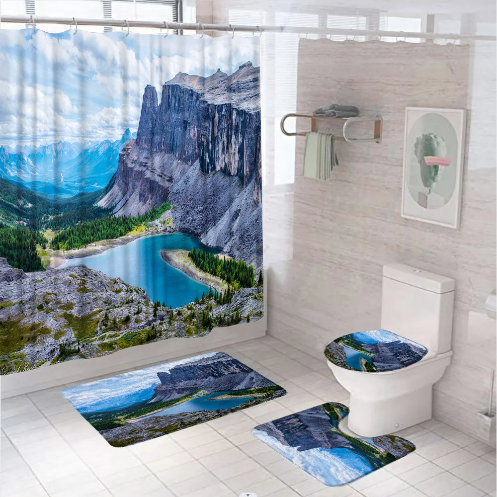 Natural Scenery Country Shower Curtain Set Non-Slip Rugs Toilet Lid Cover Bath Mat Blue Sky Tree Rustic Flower Bathroom Curtains