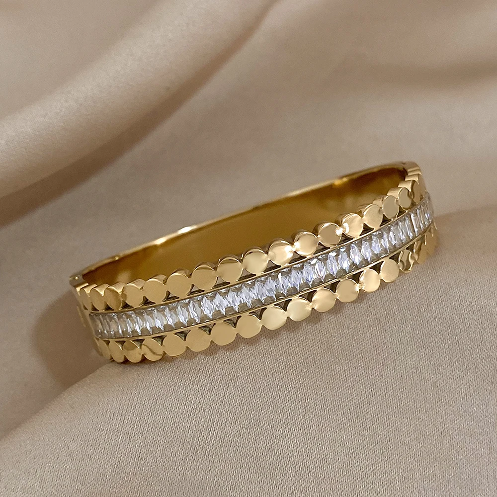 Greatera Chunky Gold Plated Stainless Steel White Cubic Zirconia Cuff Bracelet Bangle for Women Waterproof Charm Jewelry