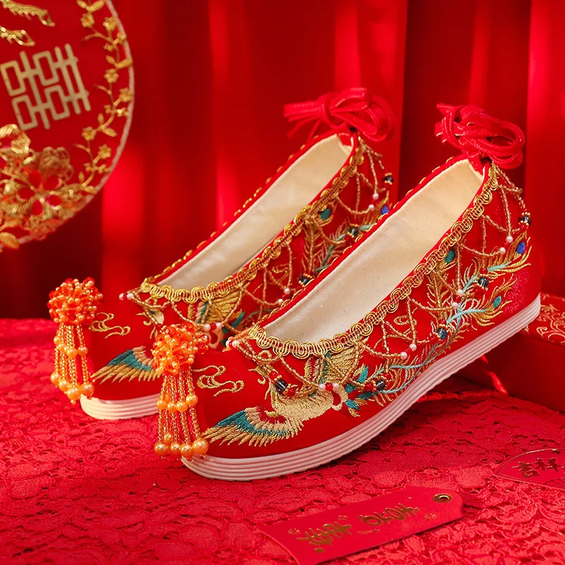 

Новые свадебные туфли в античном стиле с бисерными кисточками и вышивкой, обувь для традиционного китайского костюма Сюхэ