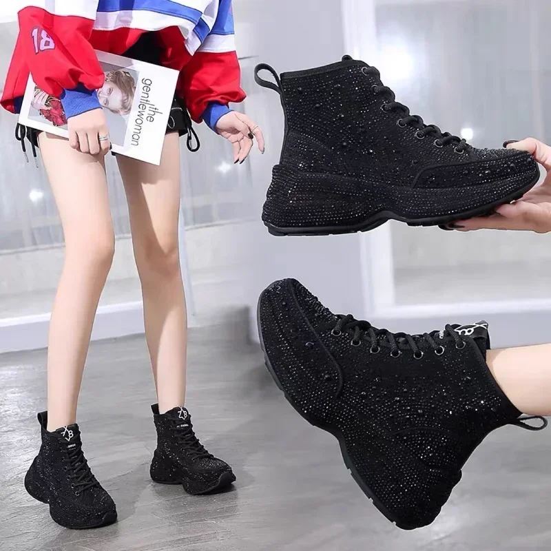 Top Quality Women Walking Shoes 2022 New Women's Casual Shoes Thick Sole Rhinestone Breathable Shiny Daddy Shoes Women Sneakers image 6