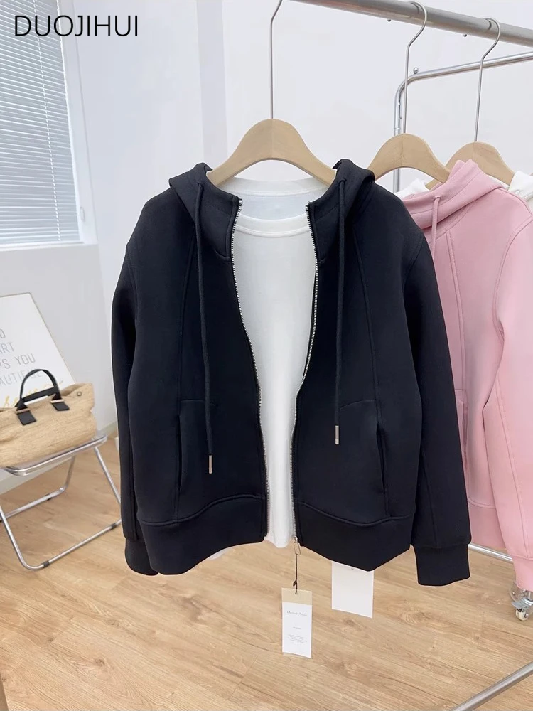 

DUOJIHUI Black Classic Hooded Street Drawstring Women Hoodies Spring Fashion Zipper Casual Basic Pure Color Loose Female Hoodies