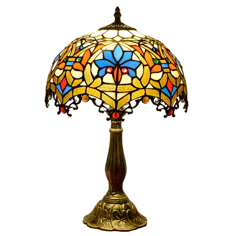 

12 Inches Shape Glass Shade Stained and Golden Color 2 Light Vintage Bronze Flush Mount Tiffany Table Lamp