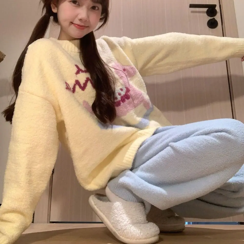 

Casual Horse Fleece Pajamas Set Duck Rabbit Kawaii Cartoon Pajamas Suit Loose Home Wear Thicken Warm Sleepwear Women