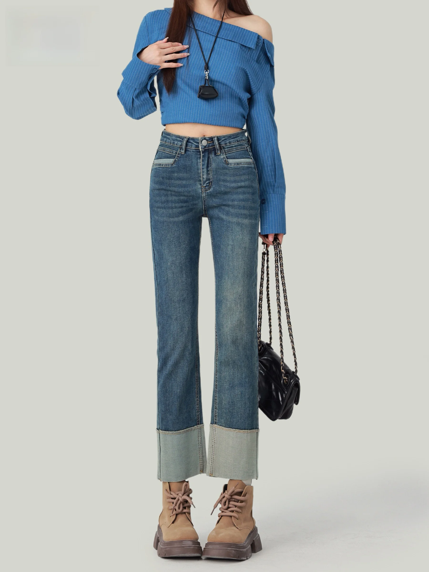 American Retro High Waist Straight Leg Jeans Women's New Style Slimming Tall Narrow Version Cuffed Smoke Tube Pants