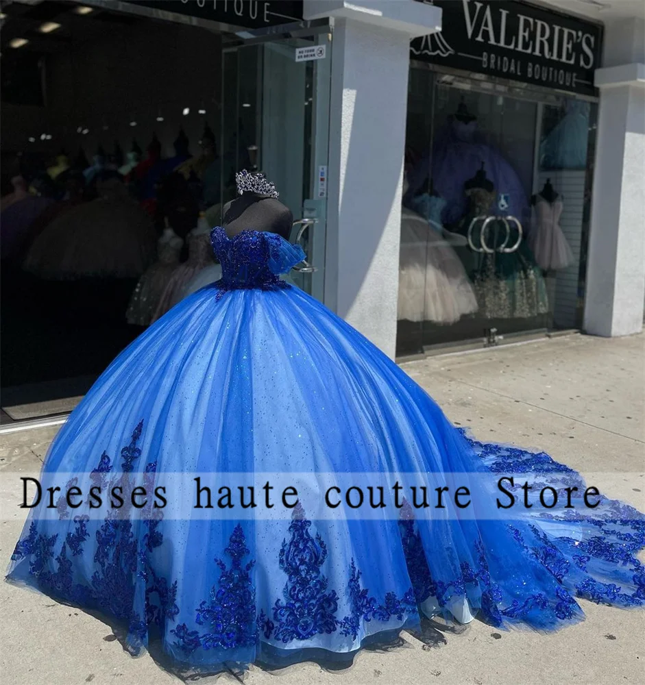 Vestido De baile De encaje azul real para quinceañera, vestido De fiesta con apliques De lentejuelas, sin hombros, dulce 16, 15 años, 2023