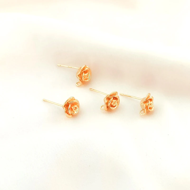 2 pieces   copper wrapped 14K Gold three-dimensional rose with ring earrings DIY hand Earrings semi-finished parts materials