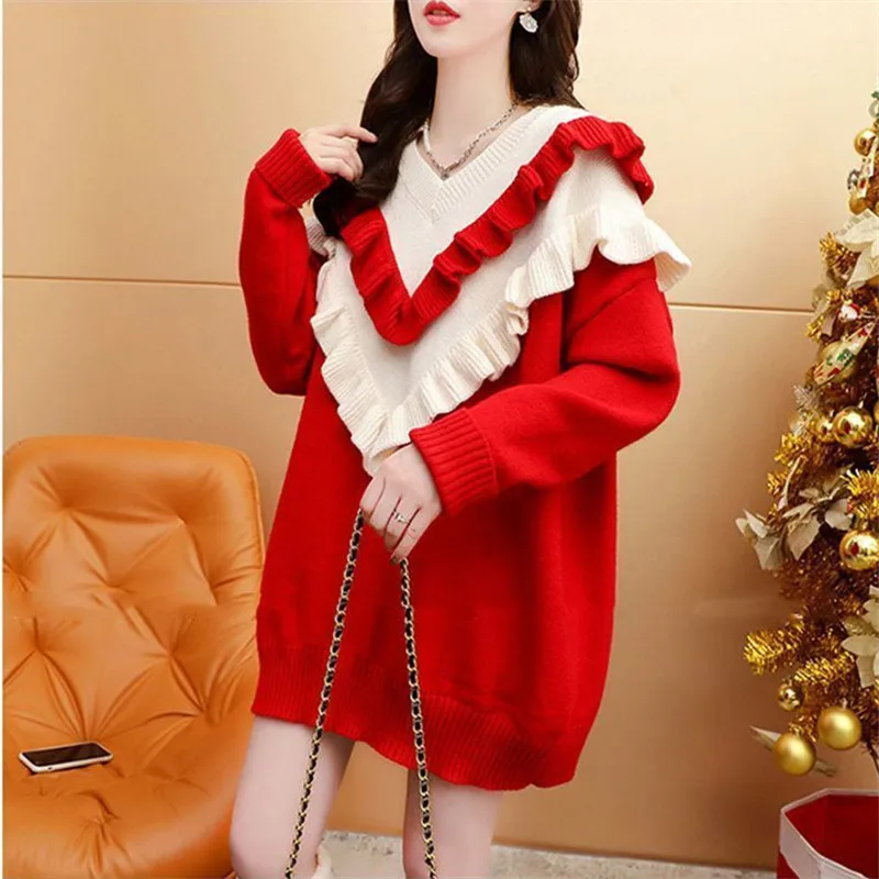 Women's Pullover Sweater Korean Loose Sweater V-neck Stitching Wooden Ear Long Sleeve Sweater Female