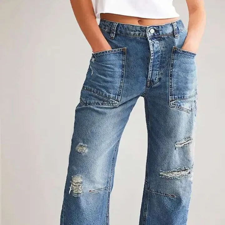 

Retro Hole Straight Leg Jeans Casual Patchwork Loose Jeans Women's New 2026 Cross-Border Low Waist Cotton Denim Trousers