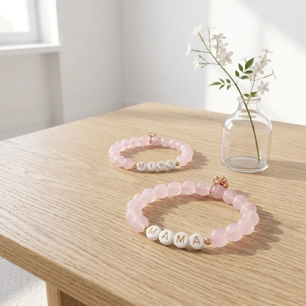 2Pcs Minimalist Mother's Day Bracelet Set Bead Stone Imitation Rose Quartz Mother and Daughter Bangle MINI MAMA English Letters