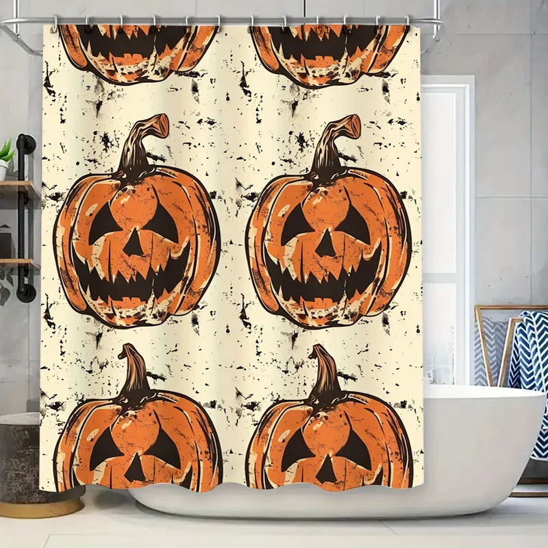 

Halloween Pumpkin Shower Curtain Set of 2 Panels for Bathroom Decor, Festive Orange Color with Scary Jack-o-Lanterns