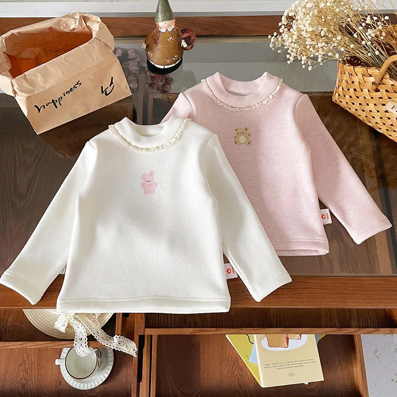 

2025 Winter Toddler Kids Girls Shirt Bear Printed Thick Warm Children 1-8Y Girl Undershirt Casual Versatile Baby Girl Shirt Tops