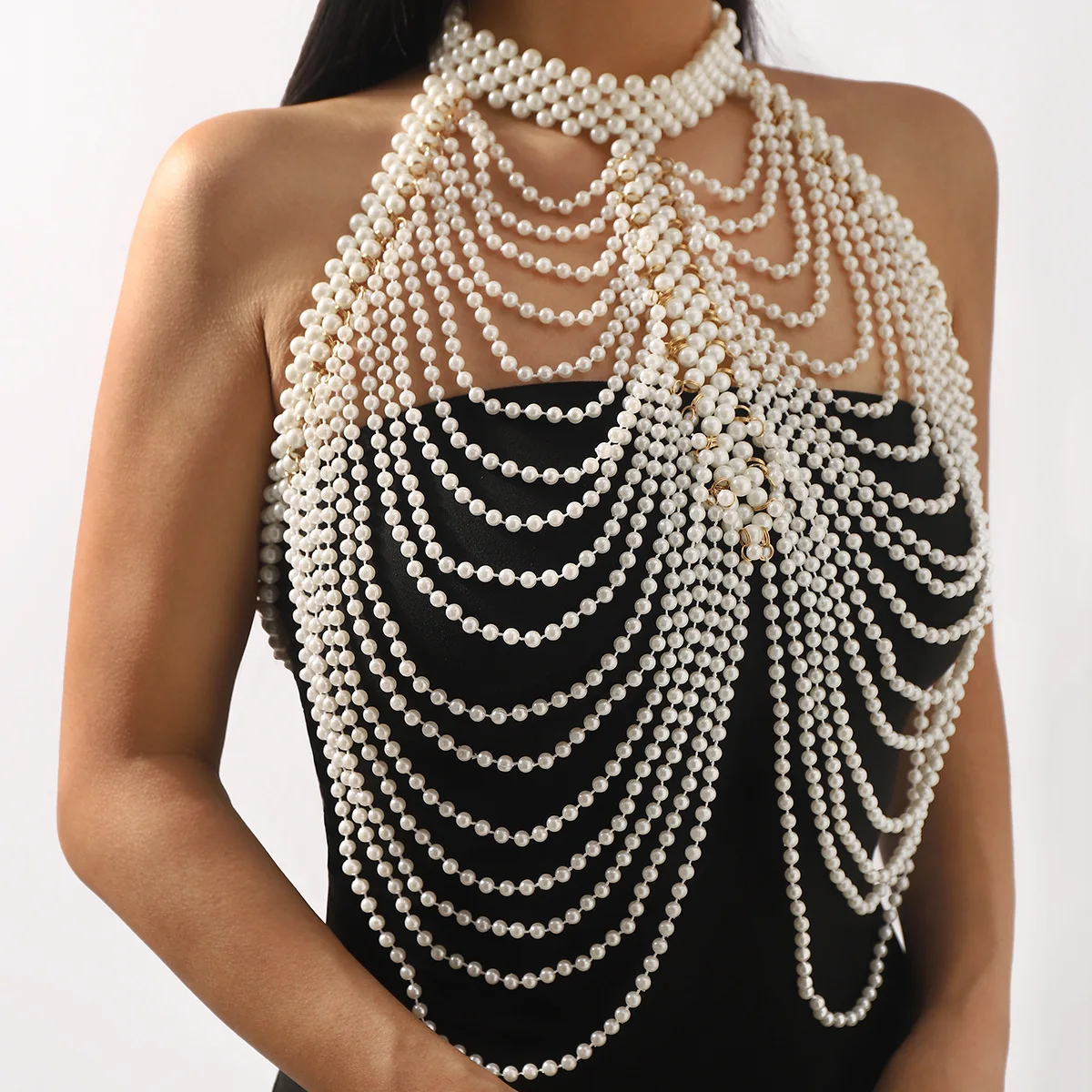 European and American summer accessories hand-woven pearl shoulder chain Bra chain Tassel multi-layer necklace women's body chai