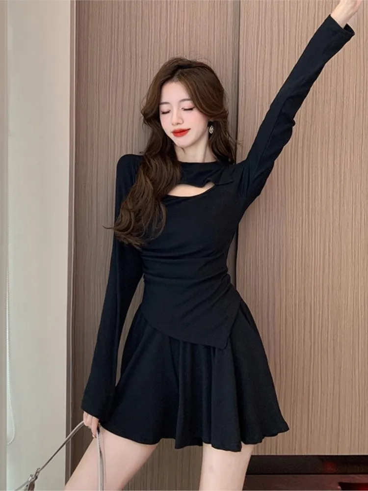 

Women's Skirt Sets Vintage A-line Mini Skirt And Long Sleeve Hollow Out T-shirt Y2K Korean Elegant Two Piece Suit Autumn 2024