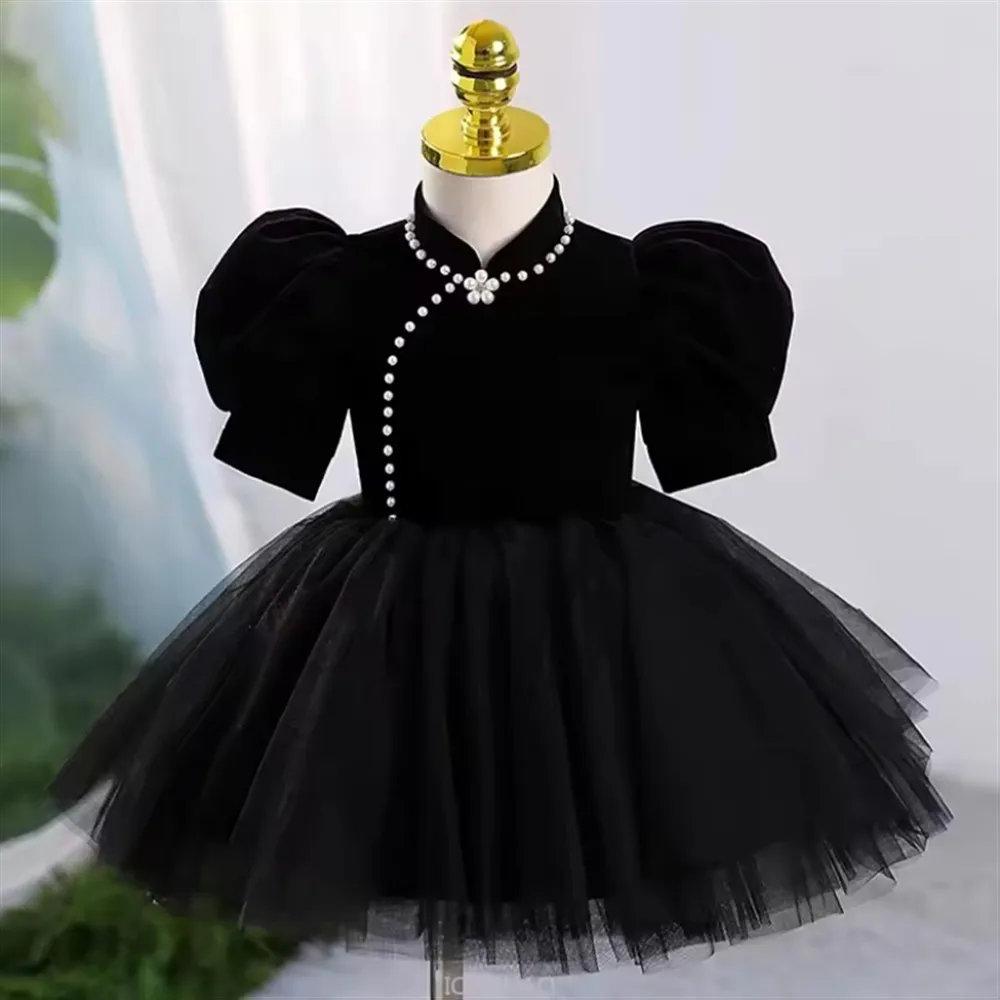 

Classic Black Flower Girl Wedding Dress Velvet Pearls Princess Birthday Party Pageant Dress Kids First Communion Gown Customized